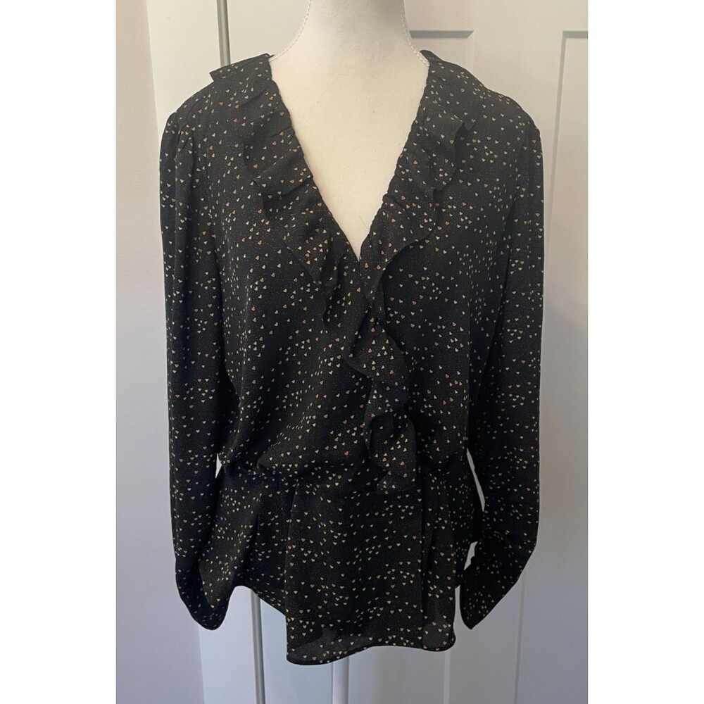 CABI Womens Wrap TOP Long Sleeve BLACK Pink Hearts #4154 Ruffle V-Neck Size M
